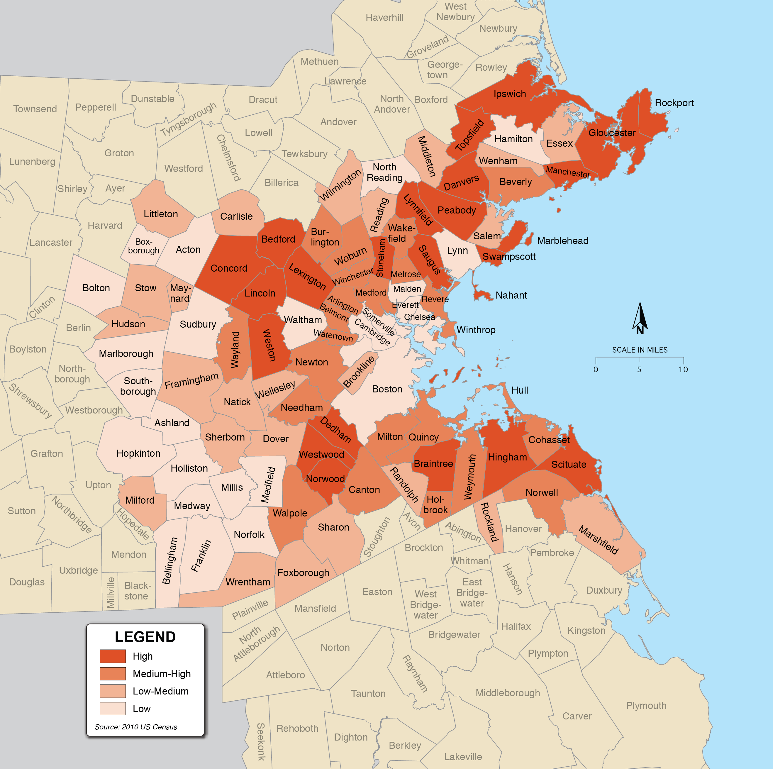 This map shows the share of the population ages 65 and older in the Boston region by municipality.